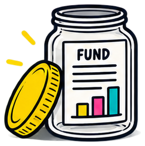 Illustrated jar holding a fund document with rising bar charts and a golden lid beside it