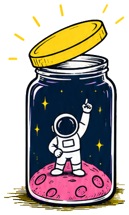 Illustrated glass jar with its bright yellow lid lifting off, an astronaut standing inside on a pink moon and pointing upward